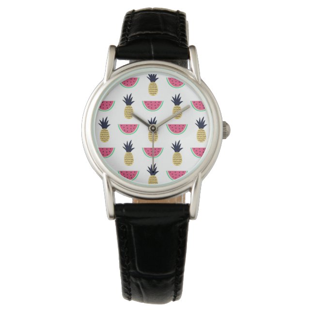 Cute Pineapple & Watermelon Doodle Pattern Watch (Front)