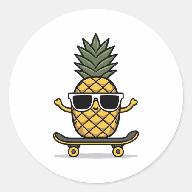 Cute Pineapple with Sunglasses on a Skateboard Classic Round Sticker (Front)