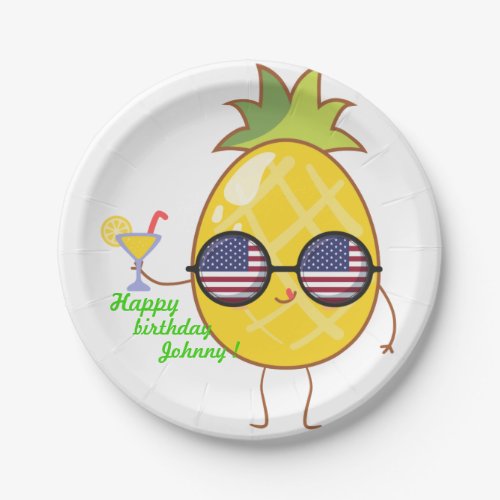 Cute Pineapple with US flag GlassesCOOL birthday Paper Plates