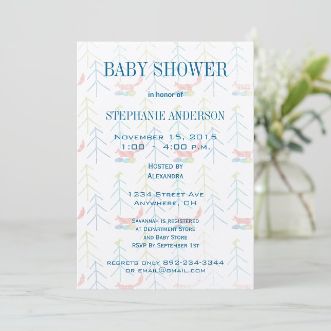 Cute Pines Fox Baby Boy Shower Invitations (Standing Front)