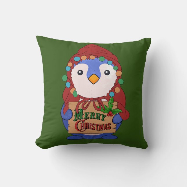 Cute pinguin wishes merry christmas Throw Pillow (Front)