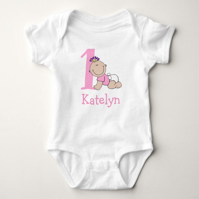 Cute Pink 1st Birthday Baby Bodysuit (Front)