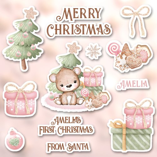 Cute Pink 1st Christmas Name Bear Contour Kiss Cut Sticker
