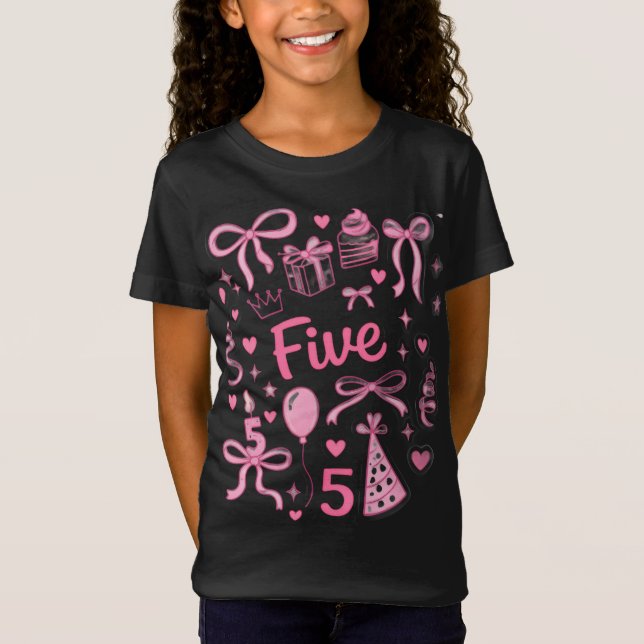 Cute Pink 5th Birthday Girl Shirt Five Bow Party D (Front)