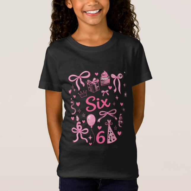 Cute Pink 6th Birthday Girl Shirt Six Bow Party De (Front)
