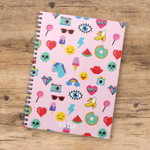 Cute Pink 80s Icons Emojis Pattern  Notebook