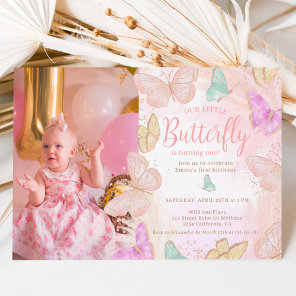 Cute pink a little butterfly chic 1st birthday invitation