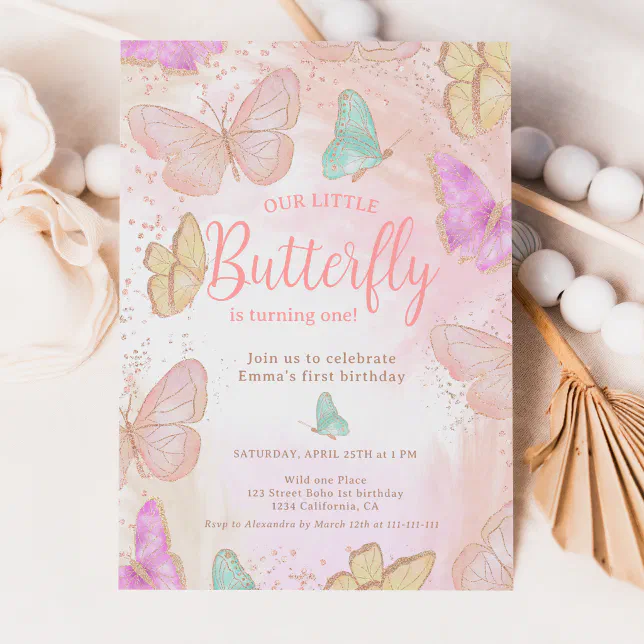 Cute pink a little butterfly chic 1st birthday invitation | Zazzle