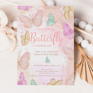 Cute pink a little butterfly chic 1st birthday invitation