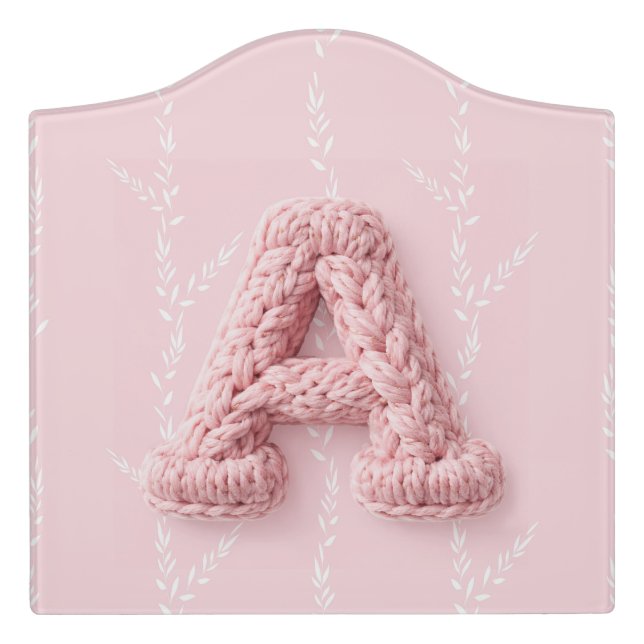 Cute pink A monogram initial crocheted letter boho Door Sign (Large Crest Front)
