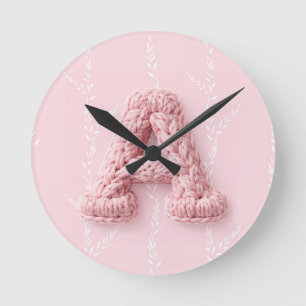 Cute pink A monogram initial crocheted letter boho Round Clock