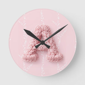 Cute pink A monogram initial crocheted letter boho Round Clock