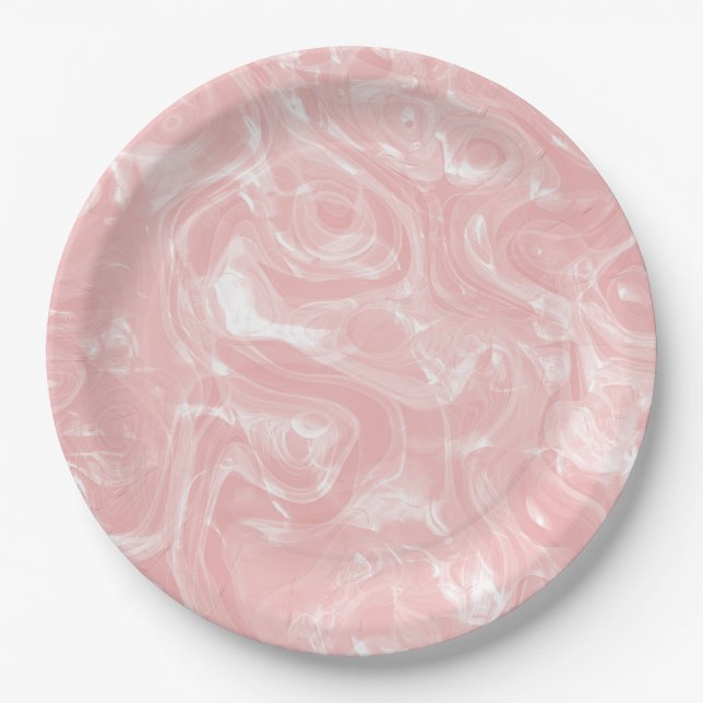 Cute Pink Abstract Faux Marble Pattern Paper Plates (Front)