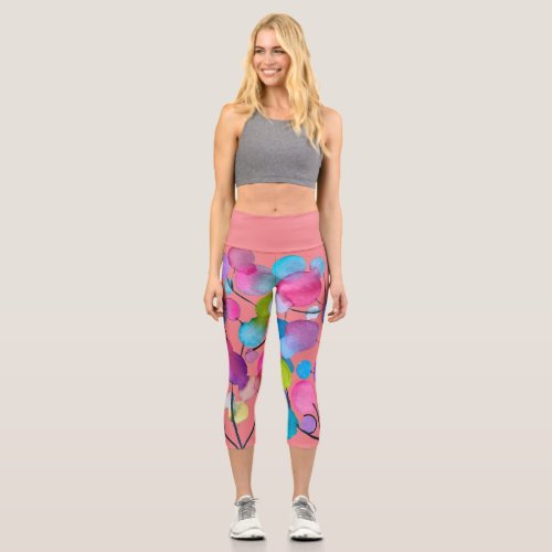 Cute pink abstract watercolor colorful tree art capri leggings