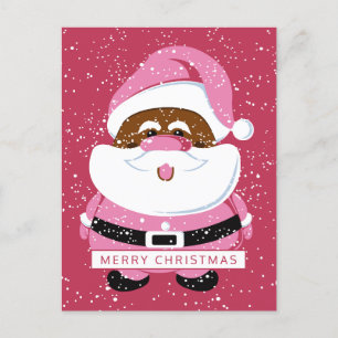 Cute pink African-American Santa Claus and snow Holiday Postcard