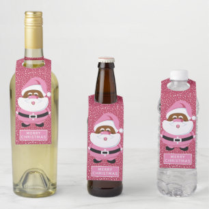 Cute pink African-American Santa Claus Christmas Bottle Hanger Tag