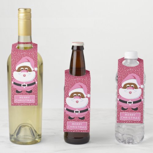 Cute pink African_American Santa Claus Christmas Bottle Hanger Tag