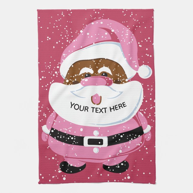 Cute pink African-American Santa Claus Christmas Kitchen Towel (Vertical)
