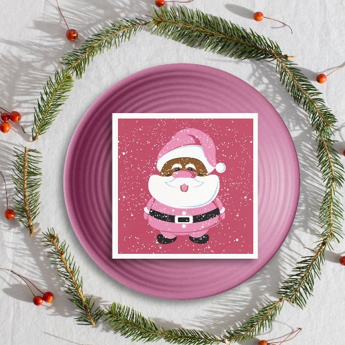 Cute Pink African American Santa Claus Christmas Napkins