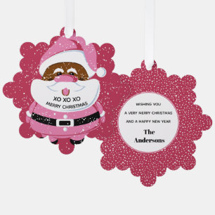 Cute pink African-American Santa Claus Christmas Ornament Card