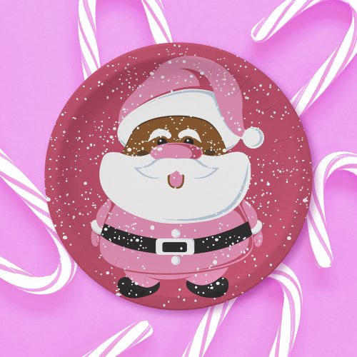 Cute pink African American Santa Claus Christmas Paper Plates