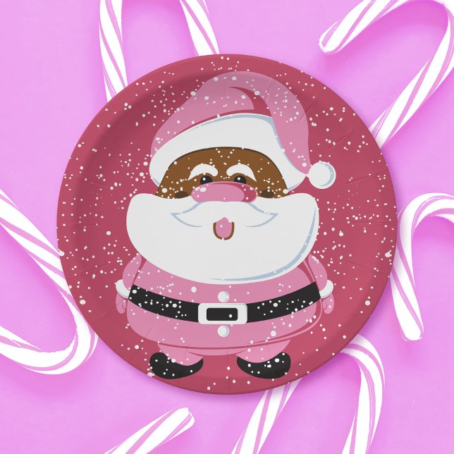 Cute pink African American Santa Claus Christmas Paper Plates (Creator Uploaded)