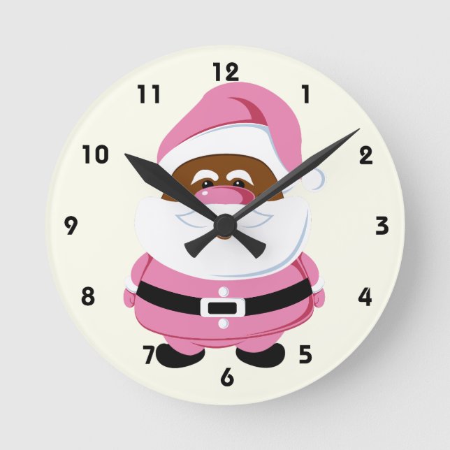 Cute pink African-American Santa Claus Christmas  Round Clock (Front)