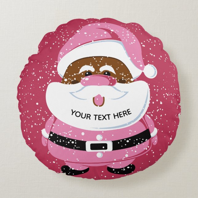 Cute pink African-American Santa Claus Christmas Round Pillow (Front)
