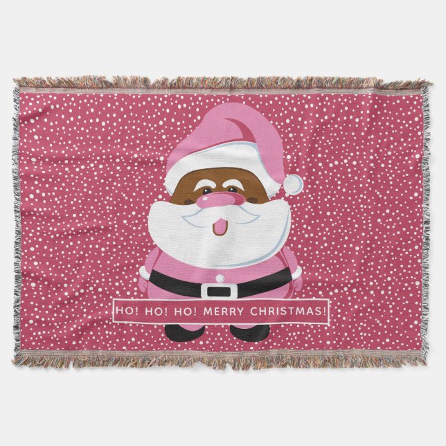 Cute pink African-American Santa Claus Christmas Throw Blanket (Front)
