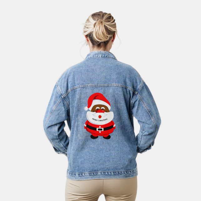 Cute pink African-Americsn Santa Claus Christmas Denim Jacket (Model)