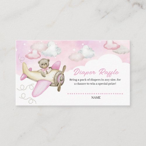 Cute Pink Airplane Clouds Teddy Bear Diaper Raffle Enclosure Card