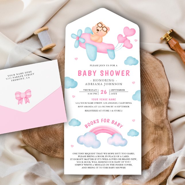 Cute Pink Airplane Girl Teddy Bear Baby Shower All In One Invitation (Creator Uploaded)