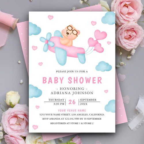 Cute Pink Airplane Girl Teddy Bear Baby Shower Invitation
