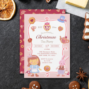 Cute Pink Alice in Wonderland Christmas Tea Party Invitation