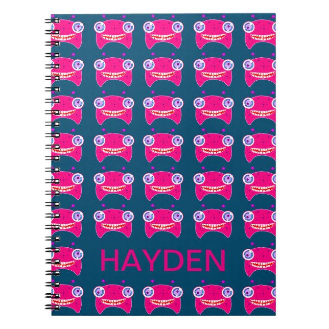 Cute Pink Alien Monsters Pattern Blue Personalised Notebook (Front)