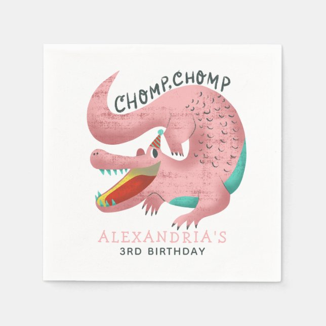 Cute Pink Alligator Birthday Party Girls Napkins (Front)