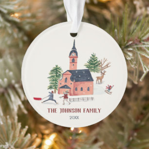 Cute pink Alpine ski lodge winter fun Christmas Ornament