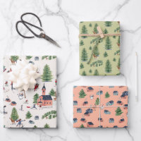 Cute pink Alpine ski lodge wintersport Christmas Wrapping Paper Sheets