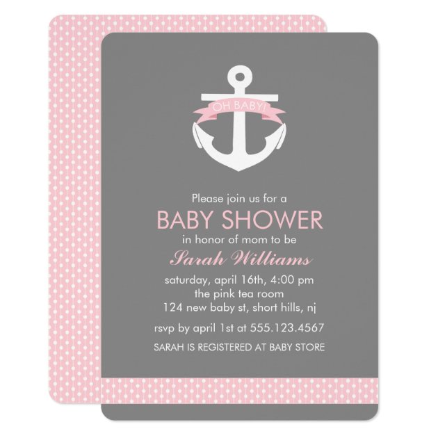 Cute Pink Anchor Nautical Girl Baby Shower Invitation