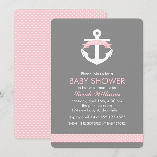 Cute Pink Anchor Nautical Girl Baby Shower Invitation (Front/Back)