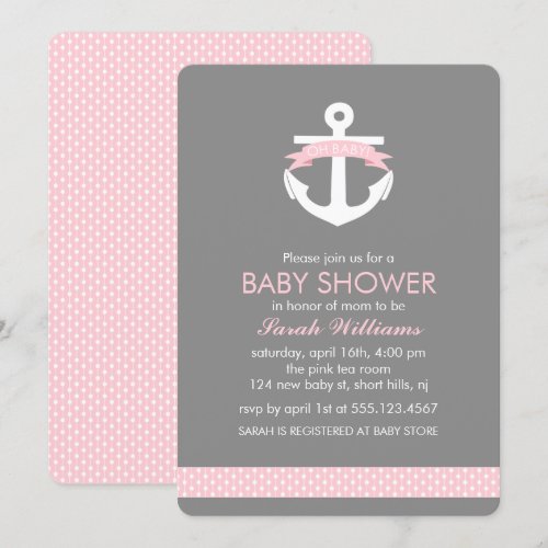 Cute Pink Anchor Nautical Theme Baby Shower Invite