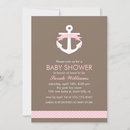 Cute Pink Anchor Nautical Theme Baby Shower Custom Invites