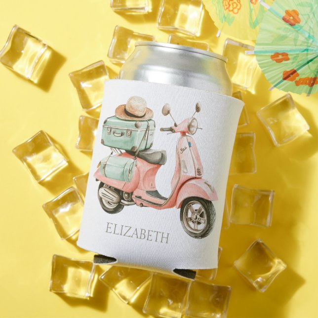 Cute Pink and Aqua Coastal Scooter Can Cooler (In Situ Summer)