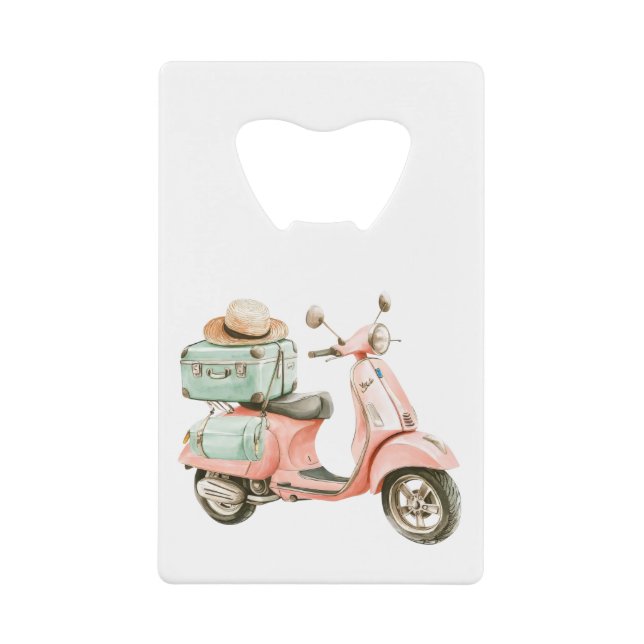 Cute Pink and Aqua Coastal Scooter Credit Card Bottle Opener (Front)