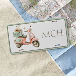 Cute Pink and Aqua Coastal Scooter Monogram License Plate