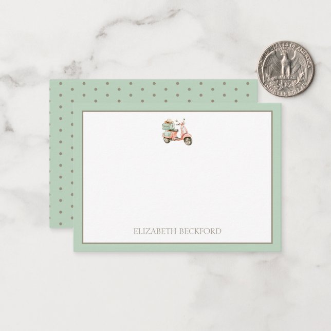 Cute Pink and Aqua Coastal Scooter Note Card (Front/Back In Situ)