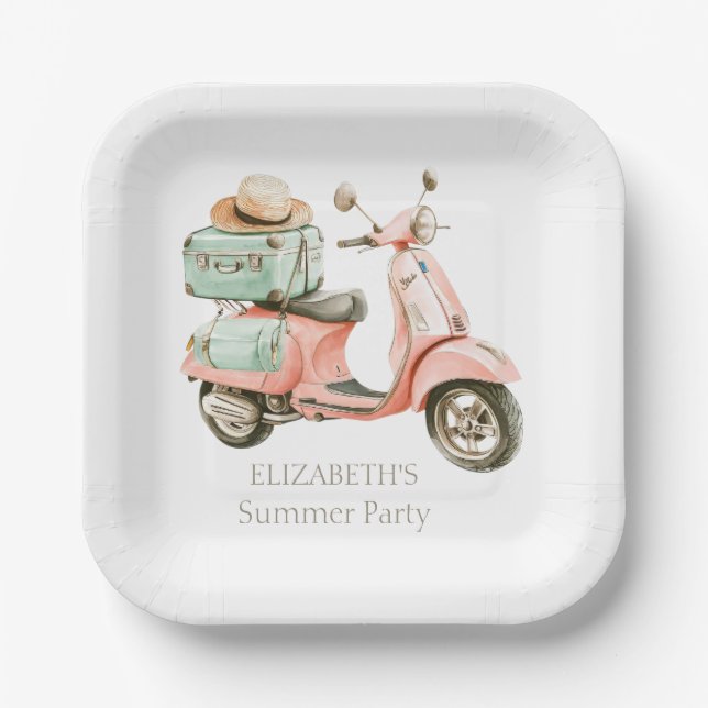 Cute Pink and Aqua Coastal Scooter Paper Plates (Front)