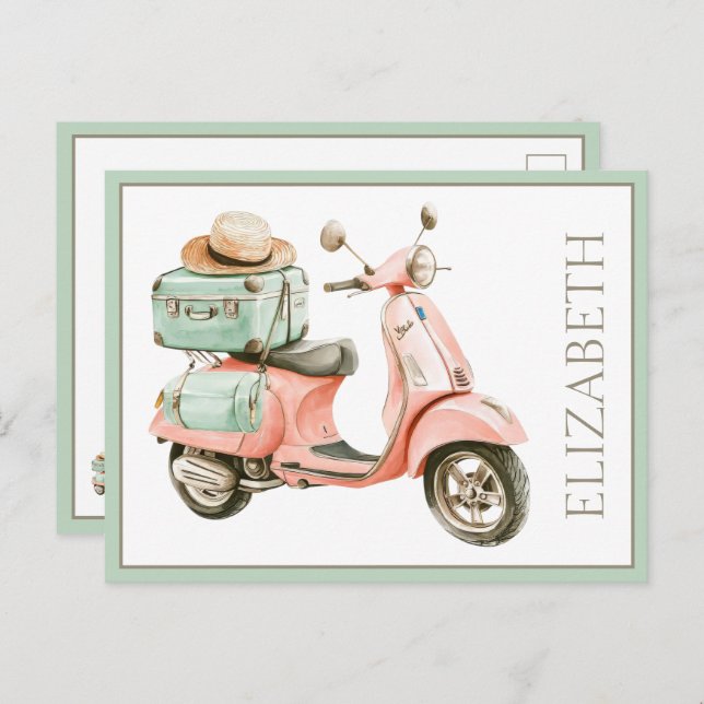Cute Pink and Aqua Coastal Scooter Postcard (Front/Back)
