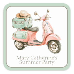 Cute Pink and Aqua Coastal Scooter Square Sticker