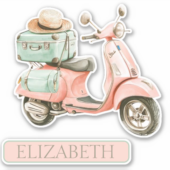Cute Pink and Aqua Coastal Scooter Sticker (Front)